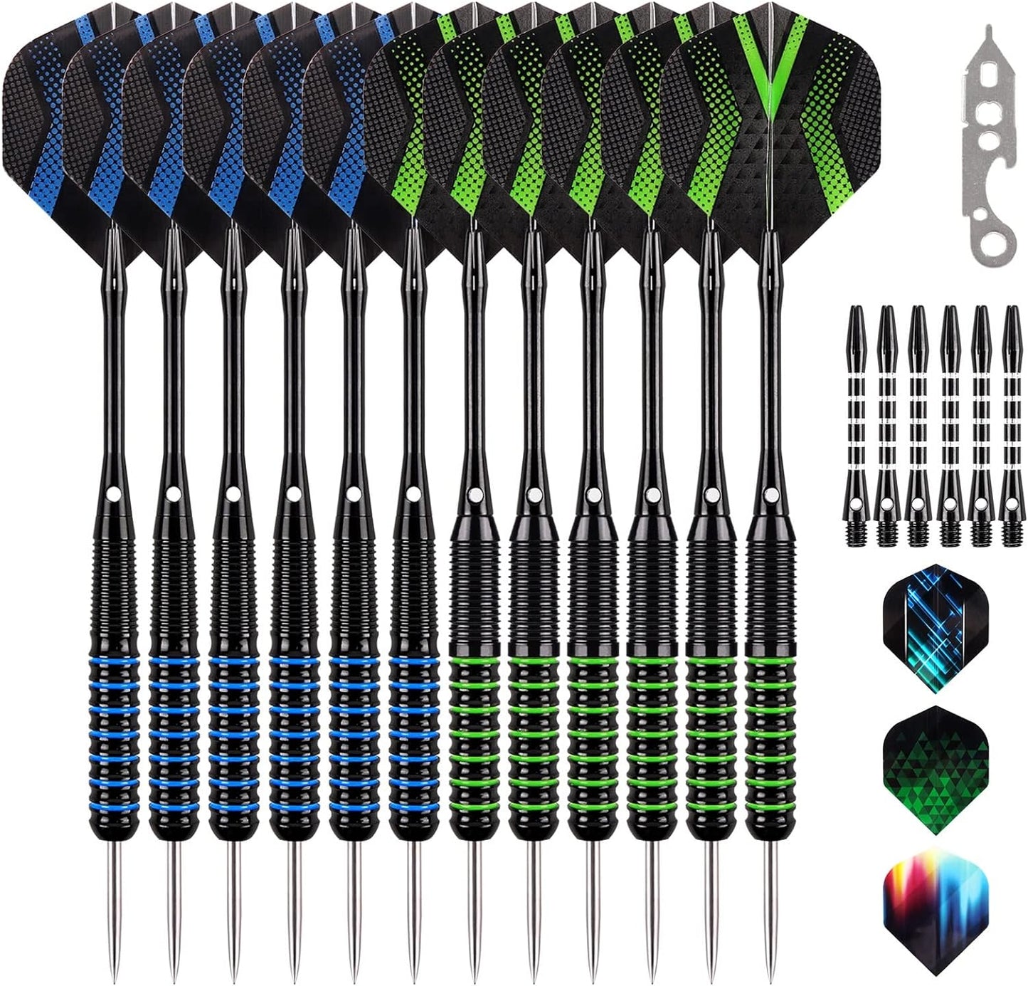 12 Darts with Metal Tip 24 g, Professional Steel Darts with Metal Tip, Steel Darts Set, Steel Tip Darts, Set of 3 Aluminium Shaft and Extra 3 Dart Flights