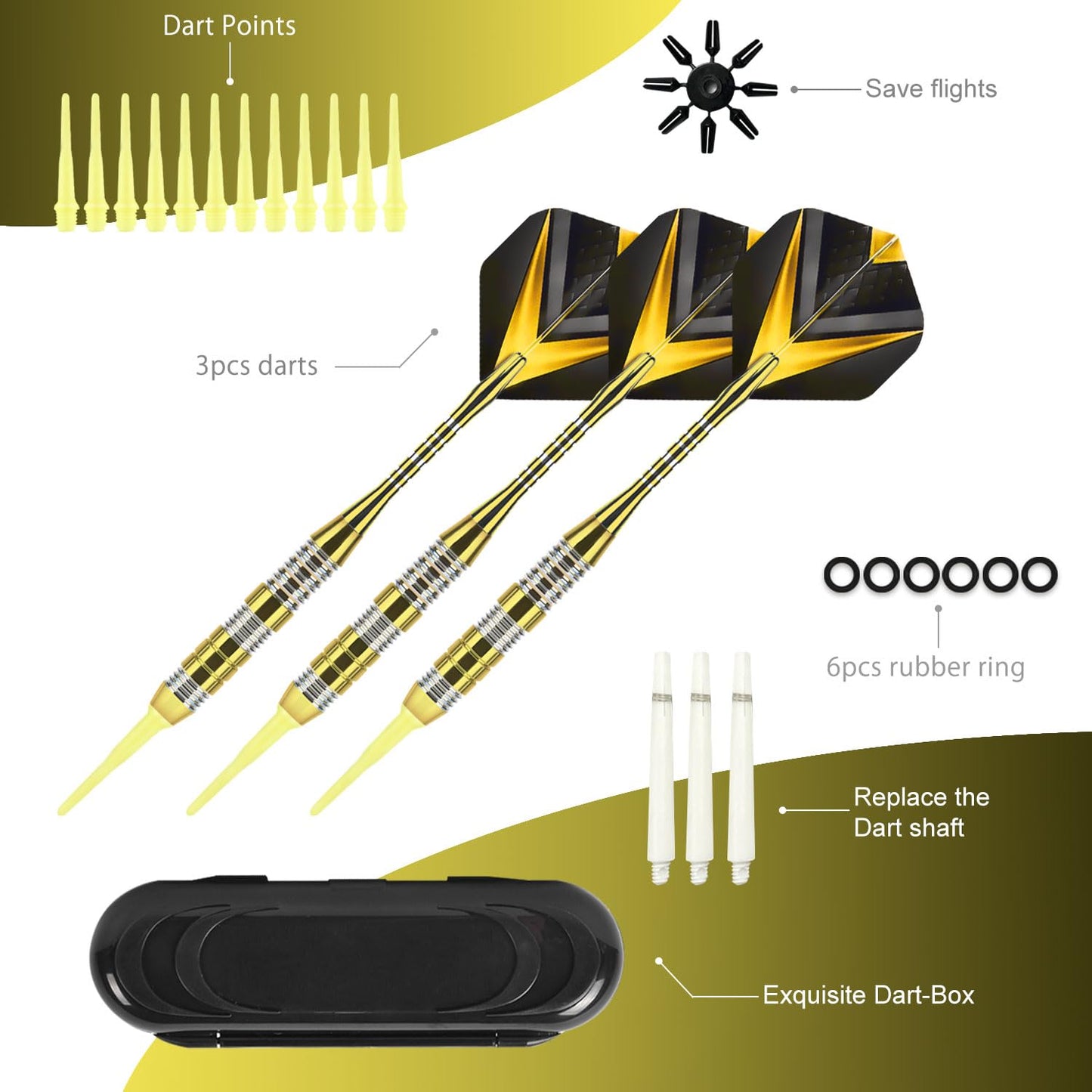 Soft Tip Darts Set 3 Aluminum Shaft Professional Darts Plastic Tip Sets 2BA Replacement Tips + Extra 3 Dart Flights 3 Replace Plastic Shafts for Electronic Dart Board