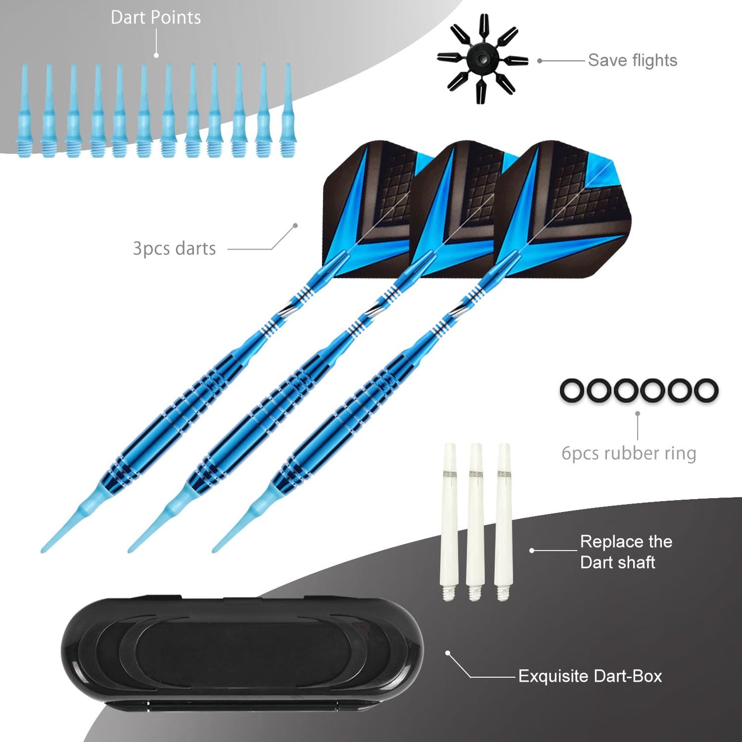 Soft Tip Darts Set 3 Aluminum Shaft Professional Darts Plastic Tip Sets 2BA Replacement Tips + Extra 3 Dart Flights 3 Replace Plastic Shafts for Electronic Dart Board