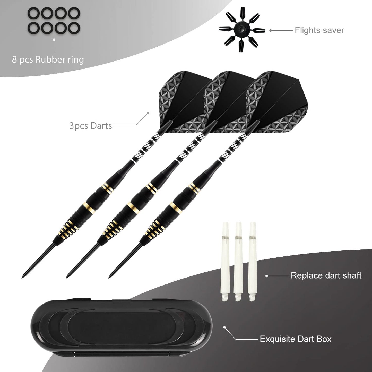 BLACK Darts with Metal Tip, Professional Steel Darts with Metal Tip, Steel Darts Set, Steel Tip Darts, Set of 3 Aluminium Shaft and Extra 3 Dart Flights